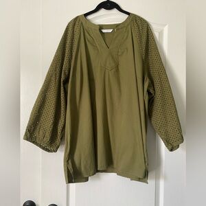Denim and Co. Canyon Retreat Olive Green Blouse with Eyelet Sleeves Size 3X